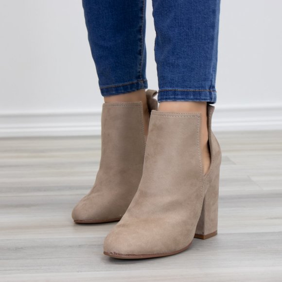 Vegan Suede Tan Cute Ankle Boots W/ Open Sides - Picture 3 of 10